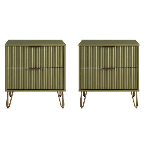 Manhattan Comfort Dumbo Modern 20" Fluted Nightstand in Olive Green (2-Drawer) - Set of 2