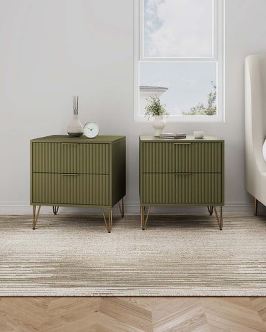 Manhattan Comfort Dumbo Modern 20" Fluted Nightstand in Olive Green (2-Drawer) - Set of 2