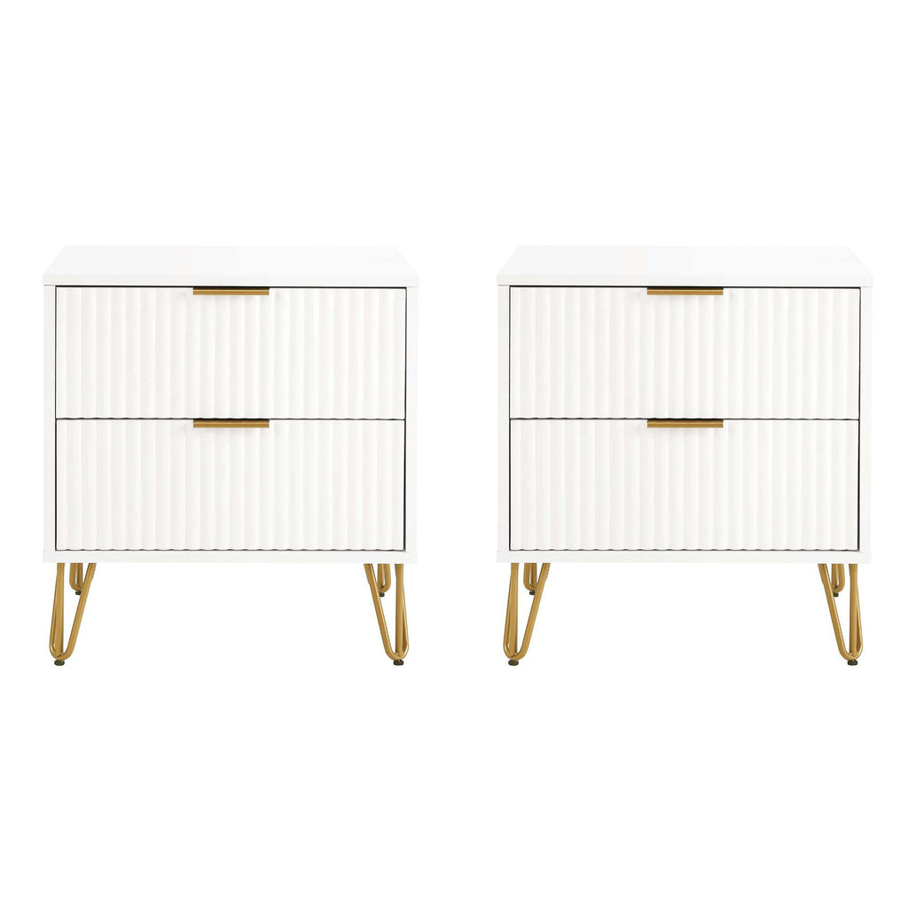 Manhattan Comfort Dumbo Modern 20" Fluted Nightstand in White (2-Drawer) - Set of 2
