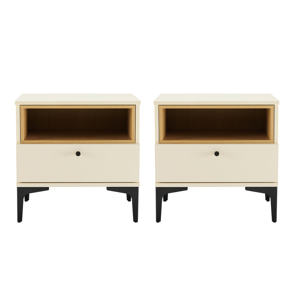 Manhattan Comfort Amara Modern 20" Nightstand in Cream and Light Oak (1-Drawer) - Set of 2