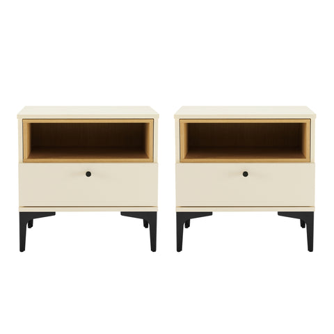Manhattan Comfort Amara Modern 20" Nightstand in Cream and Light Oak (1-Drawer) - Set of 2