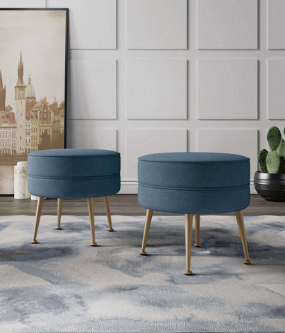 Manhattan Comfort Bailey Mid-Century Modern Upholstered Accent Ottoman in Blue - Set of 2