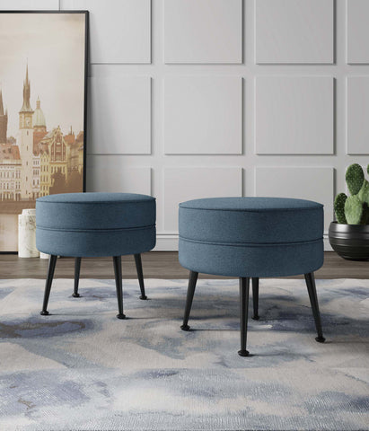 Manhattan Comfort Bailey Mid-Century Modern Upholstered Accent Ottoman in Blue - Set of 2