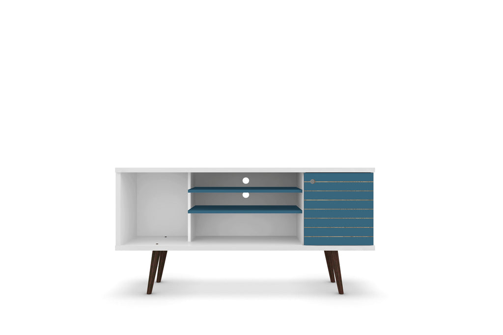 Manhattan Comfort Liberty Mid-Century Modern 53" TV Stand in Blue Slate and White
