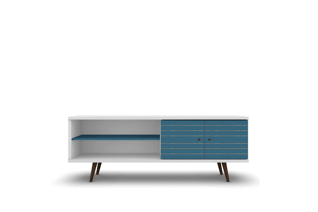 Manhattan Comfort Liberty Mid-Century Modern 63" TV Stand in Blue Slate and White