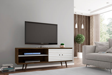 Manhattan Comfort Liberty Mid-Century Modern 63" TV Stand in Rustic Brown and White