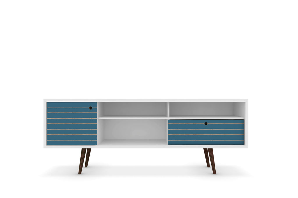 Manhattan Comfort Liberty Mid-Century Modern 71" TV Stand in Blue Slate and White