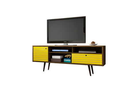 Manhattan Comfort Liberty Mid-Century Modern 71" TV Stand in Rustic Brown and Yellow