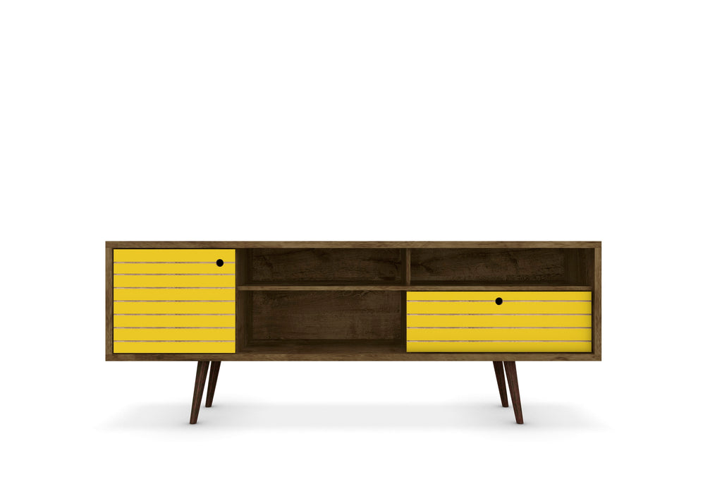 Manhattan Comfort Liberty Mid-Century Modern 71" TV Stand in Rustic Brown and Yellow