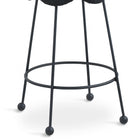 Black bar stool with a textured cushioned seat on a white background