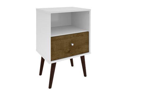 Manhattan Comfort Liberty Mid-Century Modern 18" Nightstand in White and Rustic Brown (1-Drawer)