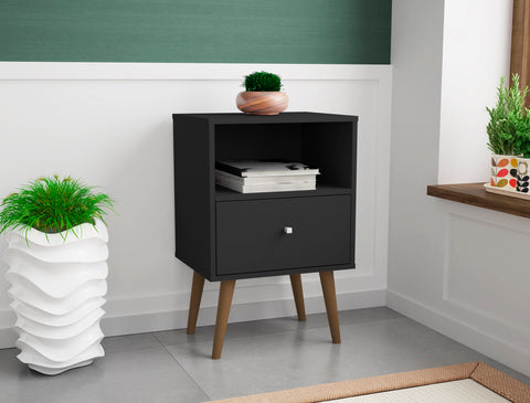 Manhattan Comfort Liberty Mid-Century Modern 18" Nightstand in Black (1-Drawer)