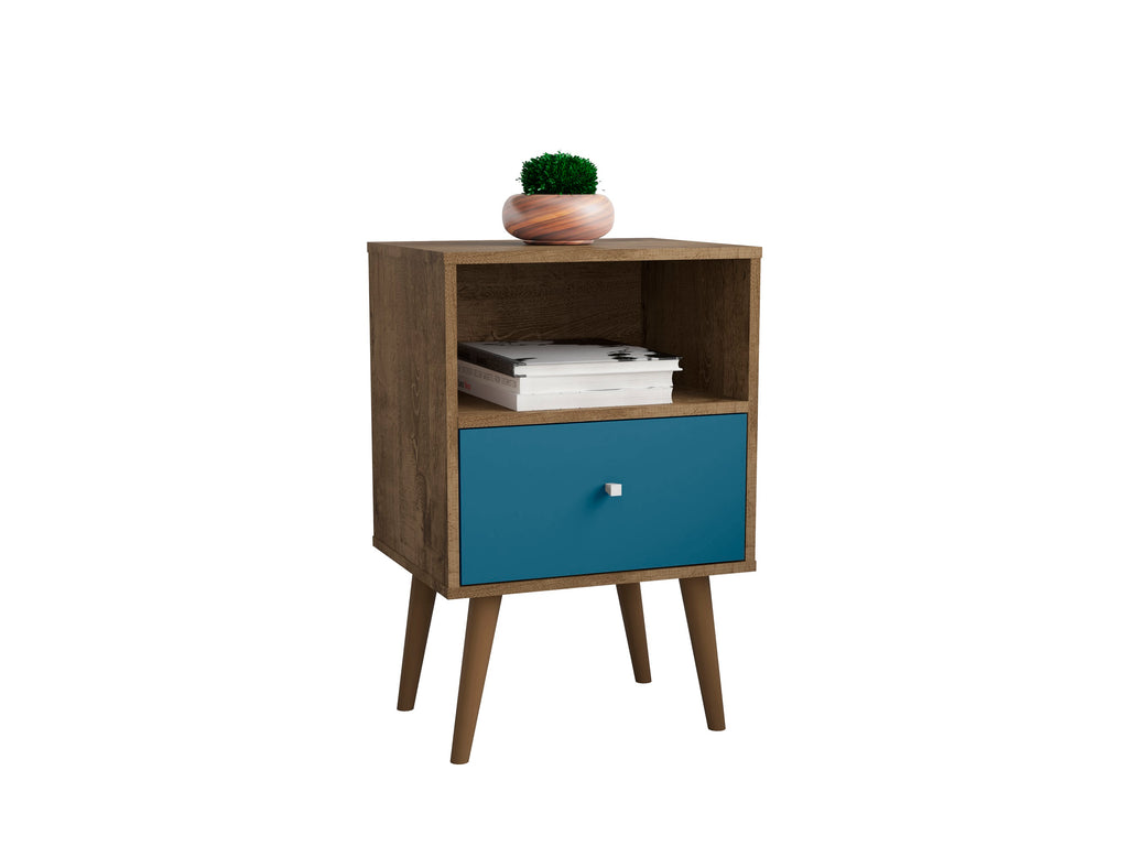 Manhattan Comfort Liberty Mid-Century Modern 18" Nightstand in Rustic Brown and Blue Slate (1-Drawer)