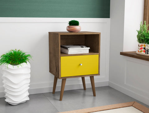 Manhattan Comfort Liberty Mid-Century Modern 18" Nightstand in Rustic Brown and Yellow (1-Drawer)