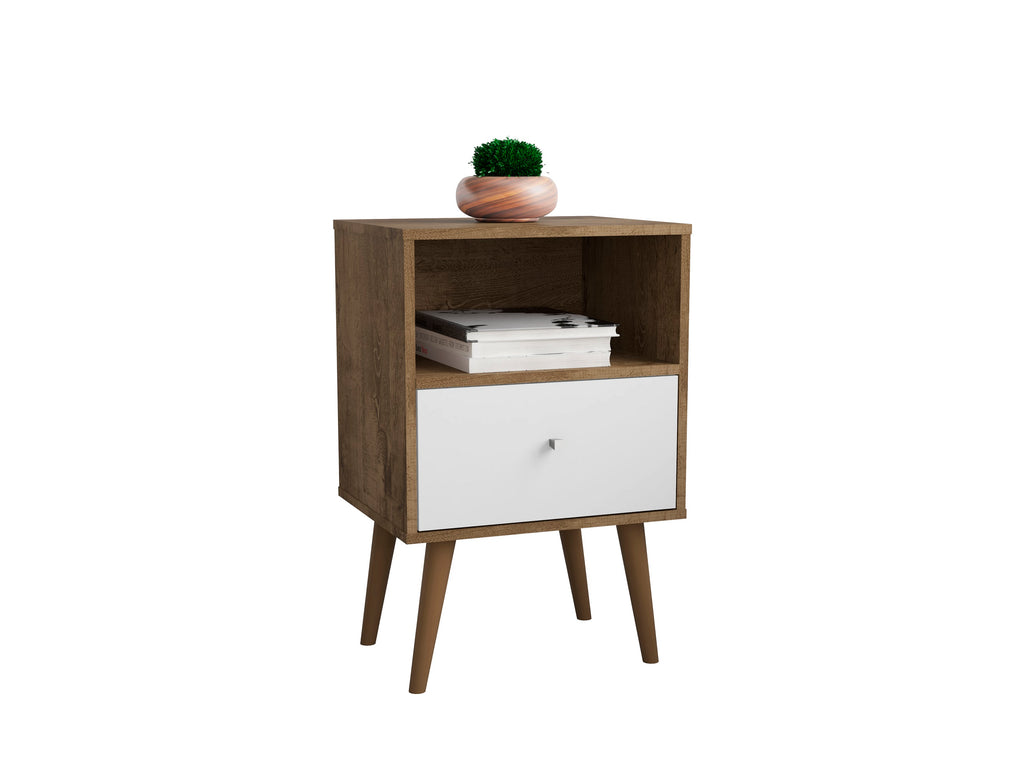 Manhattan Comfort Liberty Mid-Century Modern 18" Nightstand in Rustic Brown and White (1-Drawer)