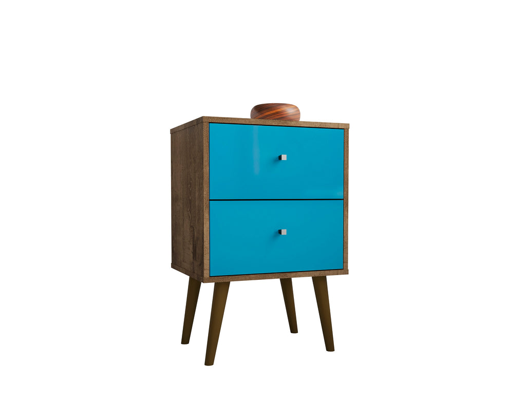 Manhattan Comfort Liberty Mid-Century Modern 18" Nightstand in Rustic Brown and Aqua Blue (2-Drawer)