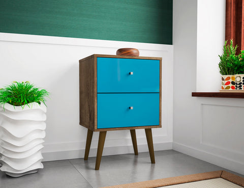 Manhattan Comfort Liberty Mid-Century Modern 18" Nightstand in Rustic Brown and Aqua Blue (2-Drawer)