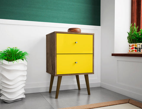 Manhattan Comfort Liberty Mid-Century Modern 18" Nightstand in Rustic Brown and Yellow (2-Drawer)