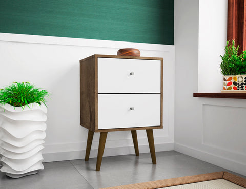 Manhattan Comfort Liberty Mid-Century Modern 18" Nightstand in Rustic Brown and White (2-Drawer)