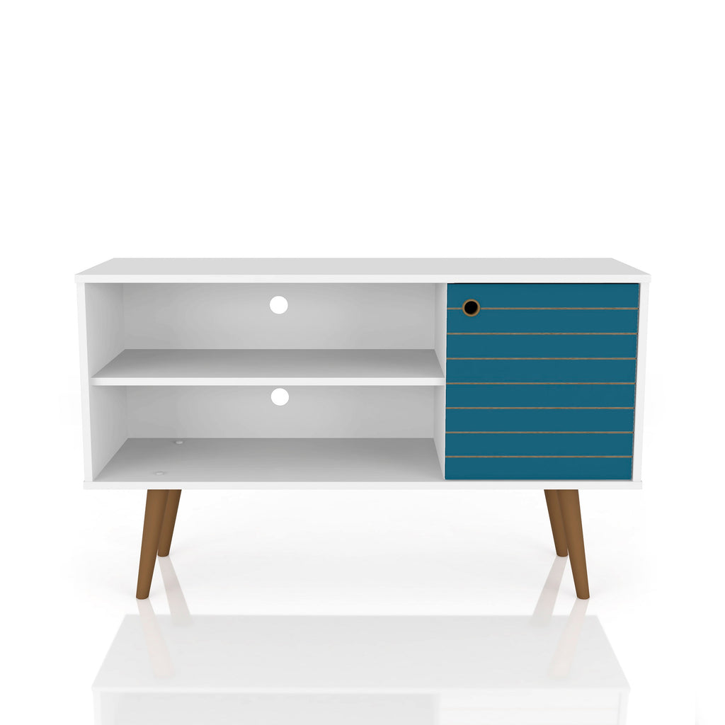 Manhattan Comfort Liberty Mid-Century Modern 43" TV Stand in Blue Slate and White