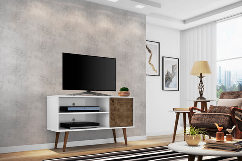 Manhattan Comfort Liberty Mid-Century Modern 43" TV Stand in White and Rustic Brown