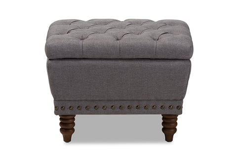 Baxton Studio Annabelle Modern and Contemporary Light Grey Fabric Upholstered Walnut Wood Finished Button-Tufted Storage Ottoman