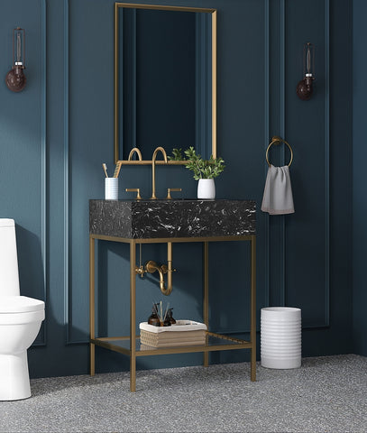 Meridian Furniture Marmo 24" Engineered Stone Top, Steel And Glass Base Vanity - Gold