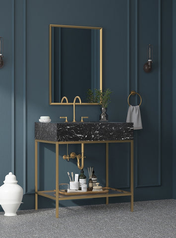 Meridian Furniture Marmo 30" Engineered Stone Top, Steel And Glass Base Vanity - Gold