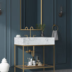 Meridian Furniture Marmo 30" Engineered Stone Top, Steel And Glass Base Vanity - Gold