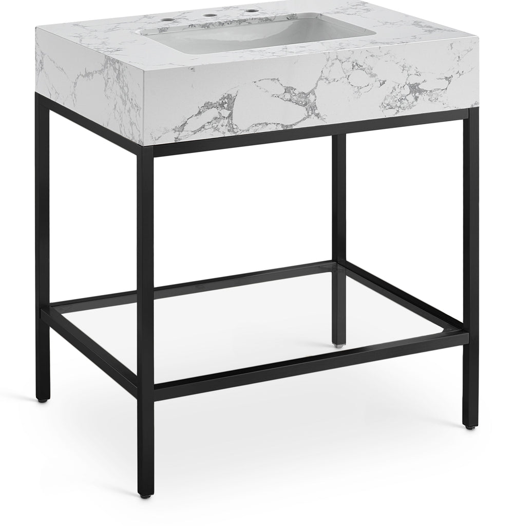Meridian Furniture Marmo 30" Engineered Stone Top, Steel And Glass Base Vanity - Black