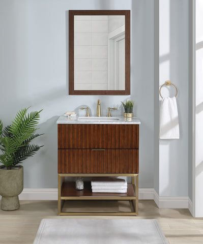 Meridian Furniture Monad 30" Genuine Marble Top, Steel And Glass Base Vanity