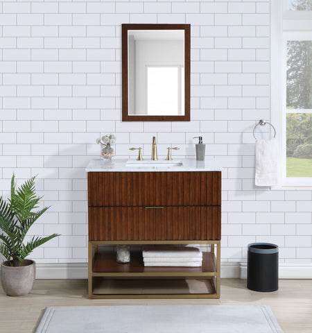 Meridian Furniture Monad 36" Genuine Marble Top, Steel And Glass Base Vanity
