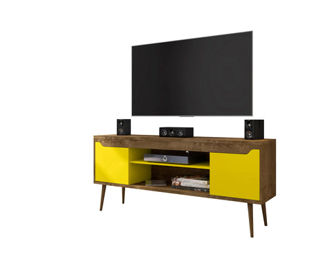 Manhattan Comfort Bradley Mid-Century Modern 63" TV Stand in Rustic Brown and Yellow