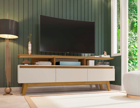 Manhattan Comfort Yonkers Mid-Century Modern 71" TV Stand in Off White and Natural