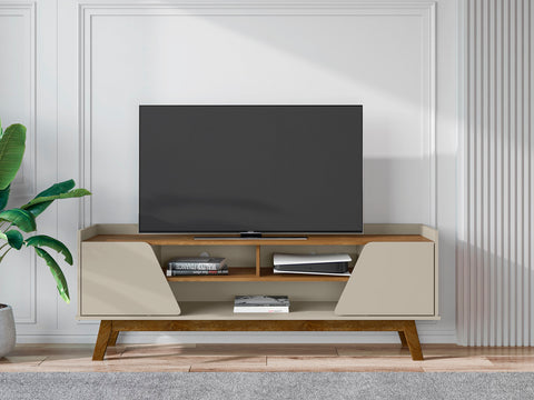 Manhattan Comfort Marcus Mid-Century Modern 63" TV Stand in Off White and Brown