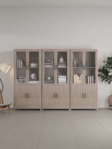 Manhattan Comfort Jodie Mid-Century Modern 31" Bookcase Cabinet in Whitewashed Oak (6-Shelf) - Set of 3