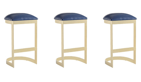 Manhattan Comfort Aura Modern Metal Upholstered Barstool in Blue - Set of 3