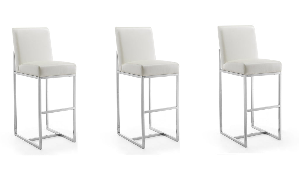 Manhattan Comfort Element Modern Metal Upholstered Barstool in Pearl White - Set of 3