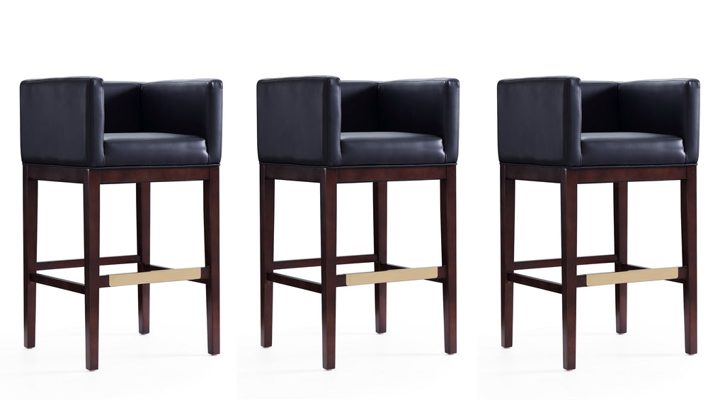 Manhattan Comfort Kingsley Mid-Century Modern Wood Upholstered Barstool in Black - Set of 3