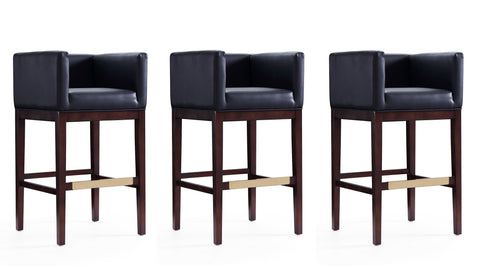 Manhattan Comfort Kingsley Mid-Century Modern Wood Upholstered Barstool in Black - Set of 3