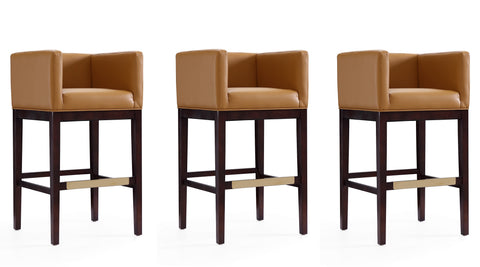 Manhattan Comfort Kingsley Mid-Century Modern Wood Upholstered Barstool in Camel - Set of 3