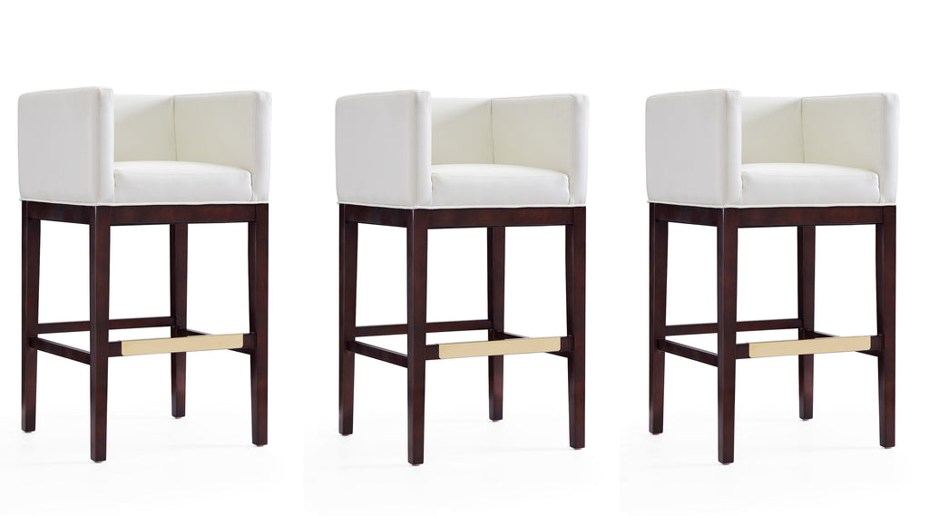 Manhattan Comfort Kingsley Mid-Century Modern Wood Upholstered Barstool in Ivory - Set of 3