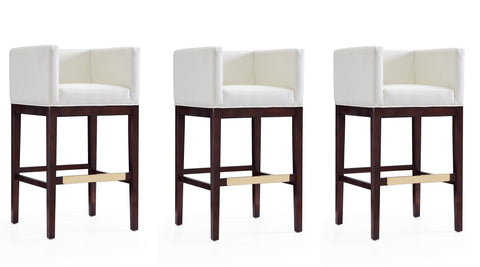 Manhattan Comfort Kingsley Mid-Century Modern Wood Upholstered Barstool in Ivory - Set of 3