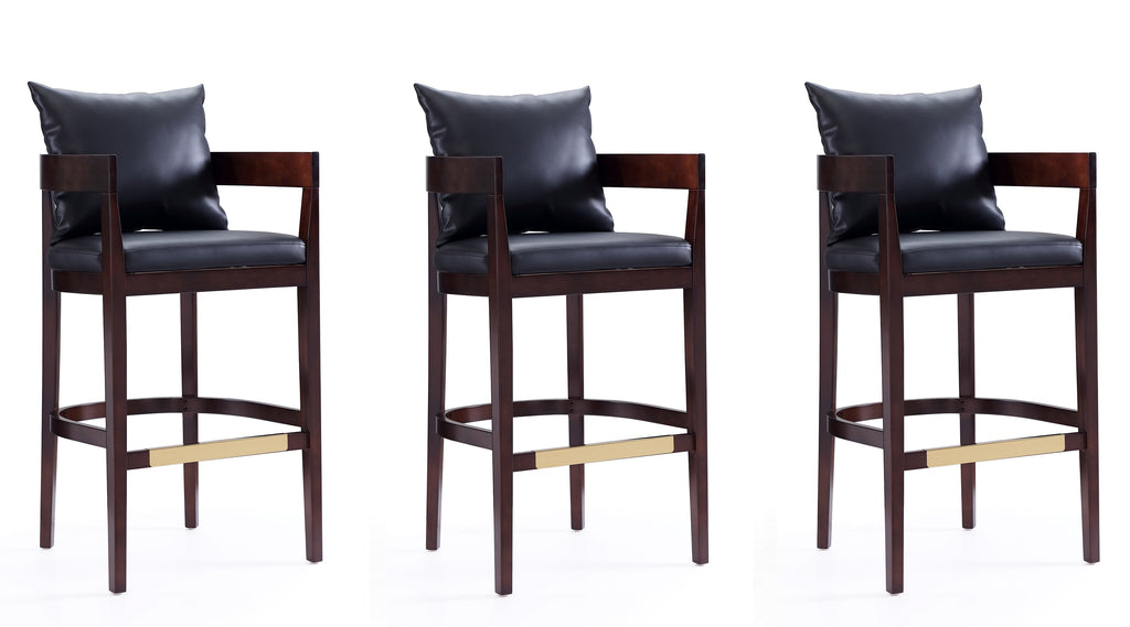Manhattan Comfort Ritz Mid-Century Modern Wood Upholstered Barstool in Black - Set of 3