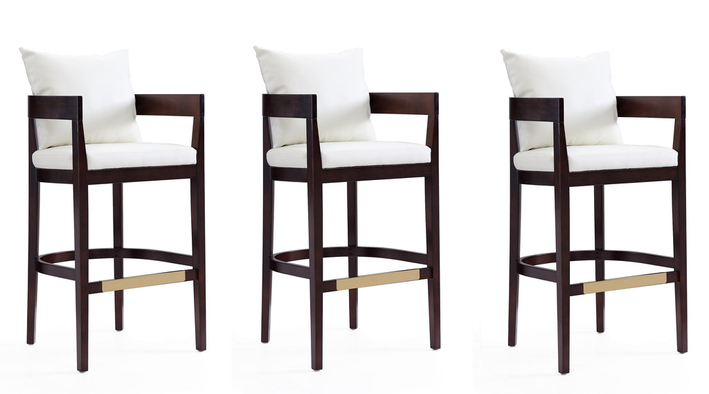 Manhattan Comfort Ritz Mid-Century Modern Wood Upholstered Barstool in Ivory - Set of 3