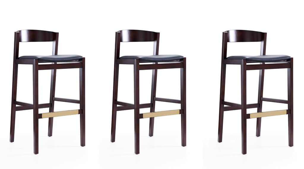 Manhattan Comfort Klismos Mid-Century Modern Wood Upholstered Barstool in Black - Set of 3