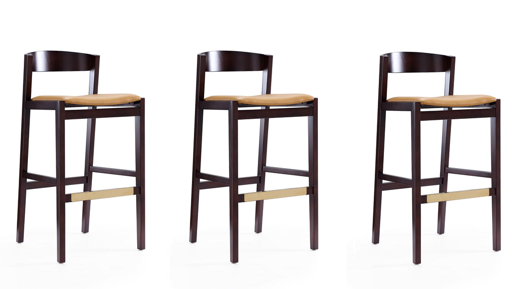 Manhattan Comfort Klismos Mid-Century Modern Wood Upholstered Barstool in Camel - Set of 3