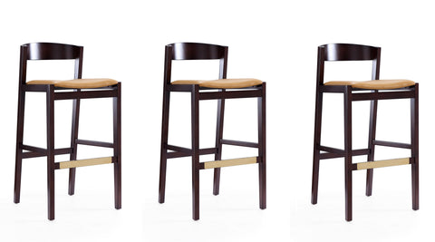 Manhattan Comfort Klismos Mid-Century Modern Wood Upholstered Barstool in Camel - Set of 3