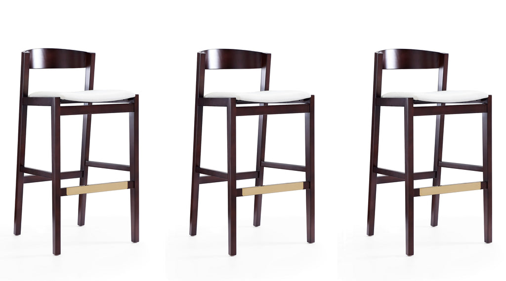 Manhattan Comfort Klismos Mid-Century Modern Wood Upholstered Barstool in Ivory - Set of 3