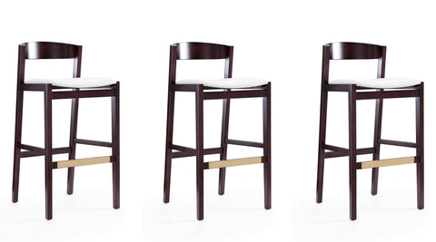Manhattan Comfort Klismos Mid-Century Modern Wood Upholstered Barstool in Ivory - Set of 3